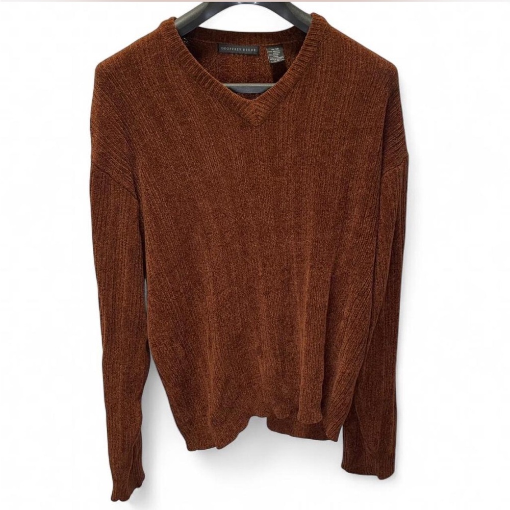 Vintage Geoffrey Beene Men's XL V-Neck Chenille Sweater Rust Brown 90s Knit